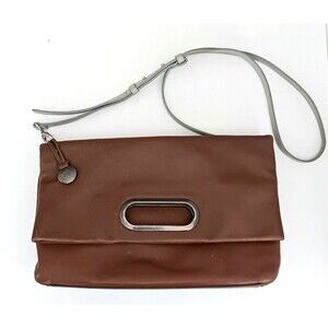 Skagen of Denmark Brown Leather Foldover Convertible Clutch Crossbody Gray Strap